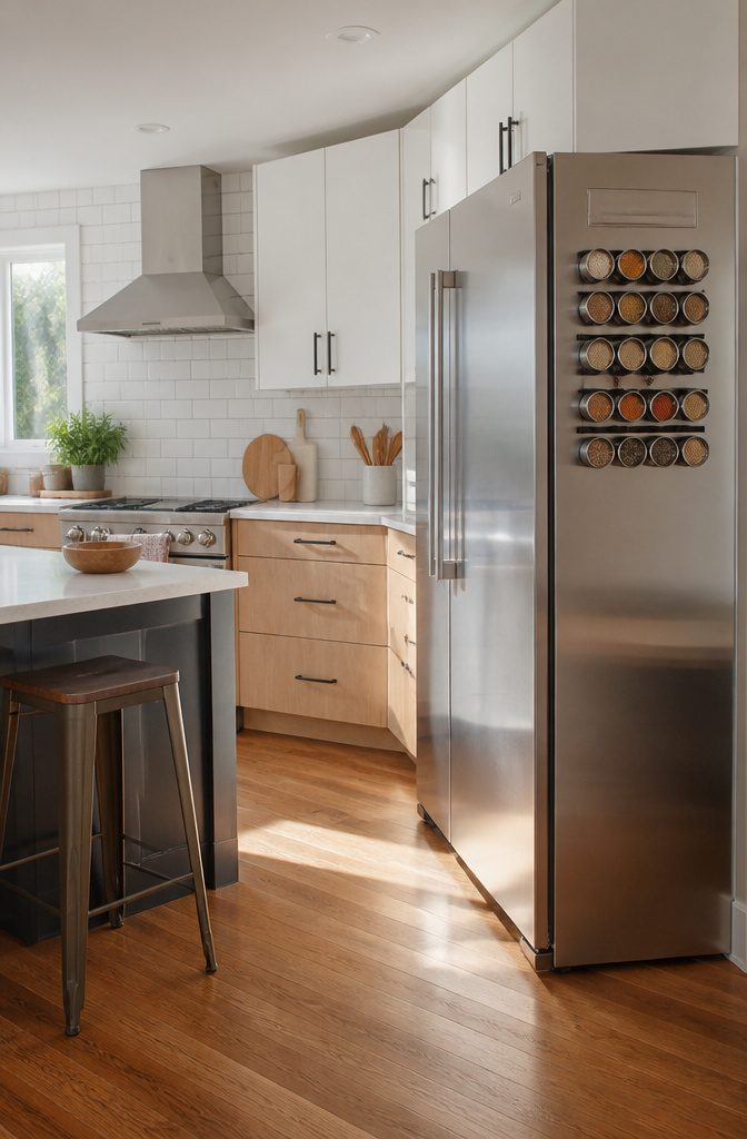 Magnetic spice rack with jars attached to a refrigerator.