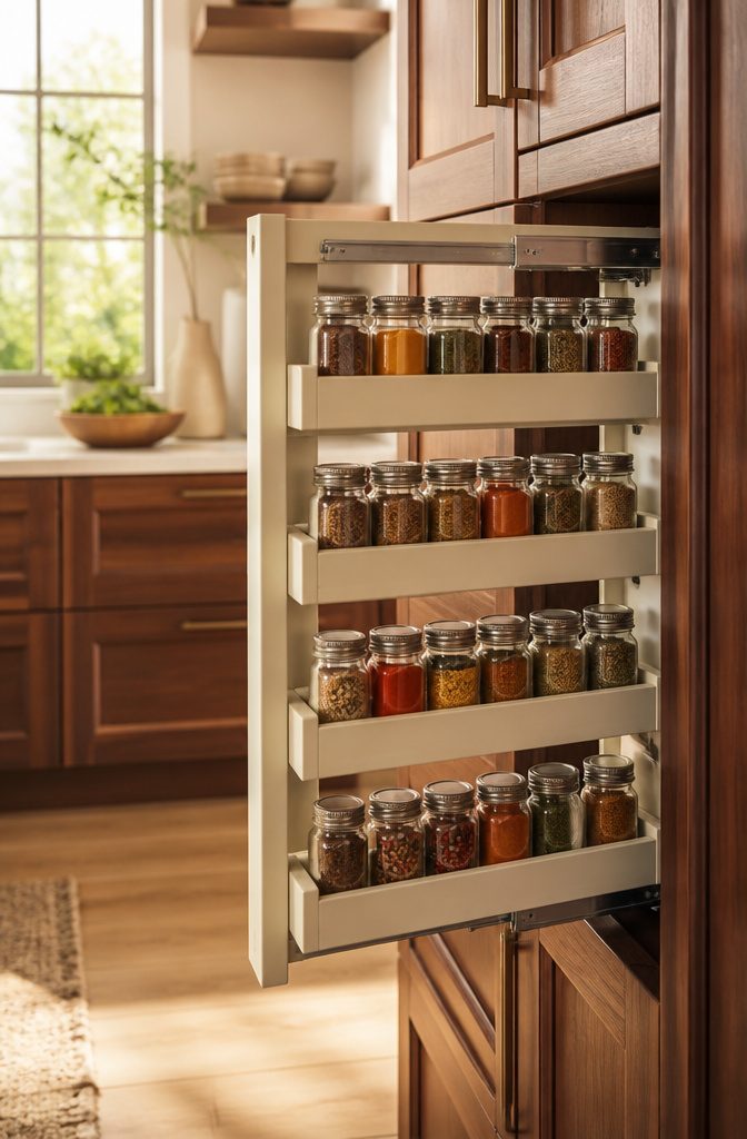 Pull-out spice rack inside a cabinet displaying labeled spice jars.