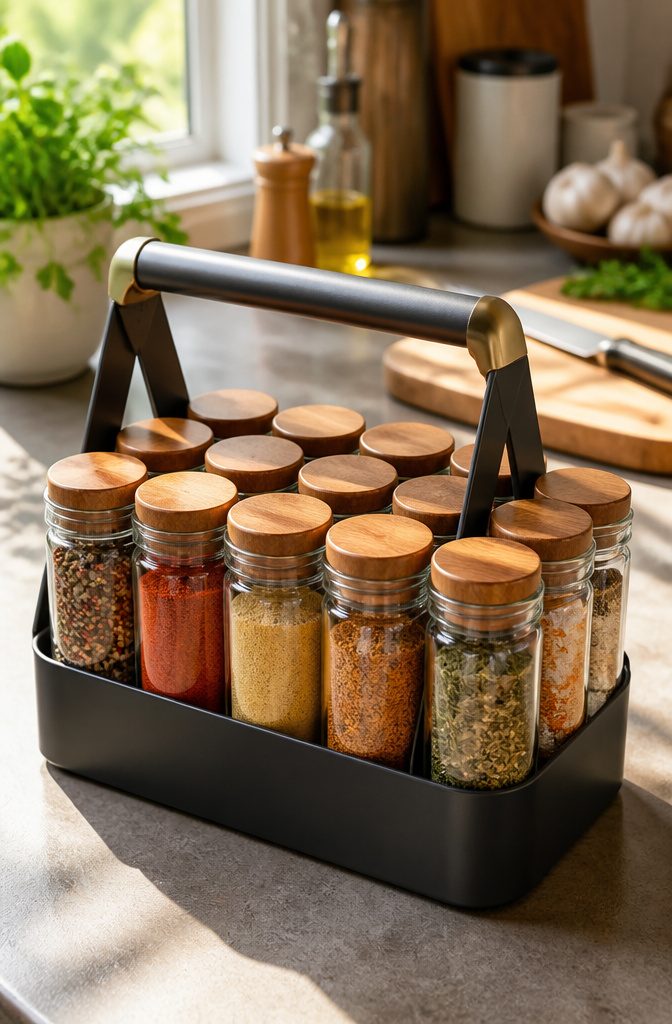 Spice caddy carrying an assortment of spice jars.