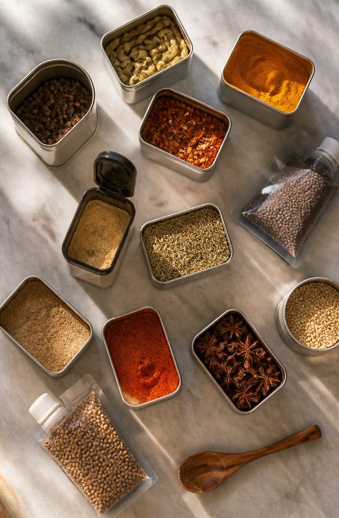 Assorted spice containers including tins and flip-top boxes.
