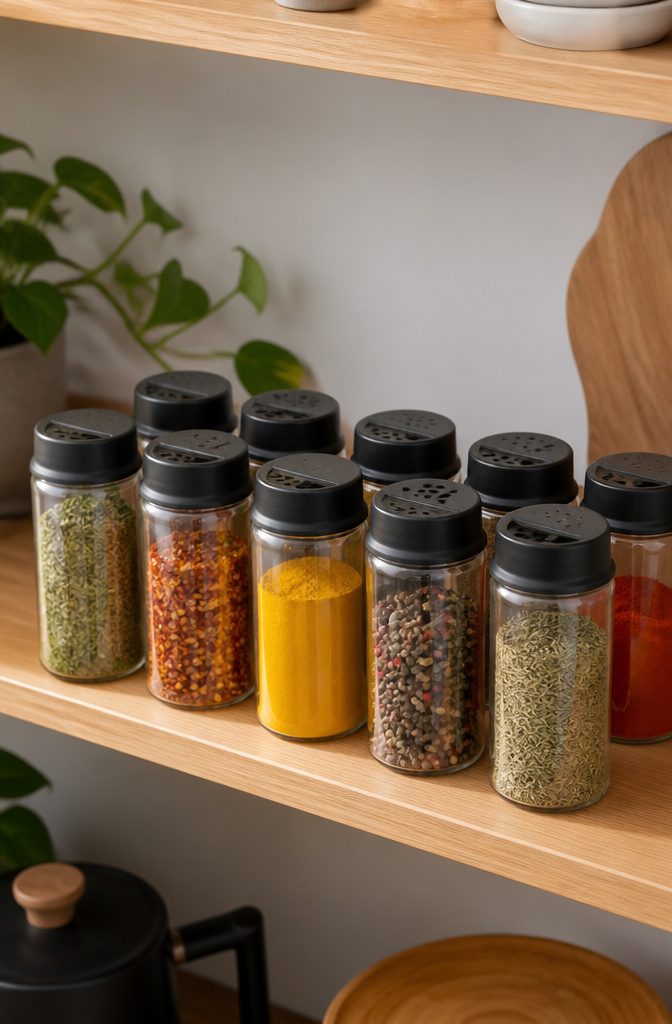 Group of spice jars with shaker tops arranged on a shelf.