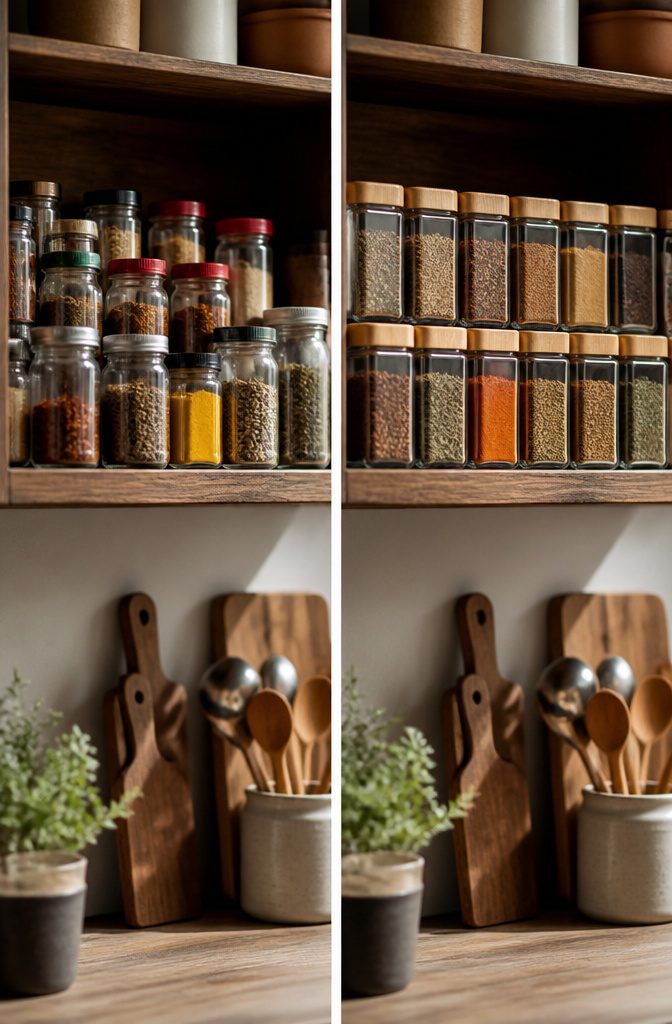 Various spice labels displayed for easy identification on jars.