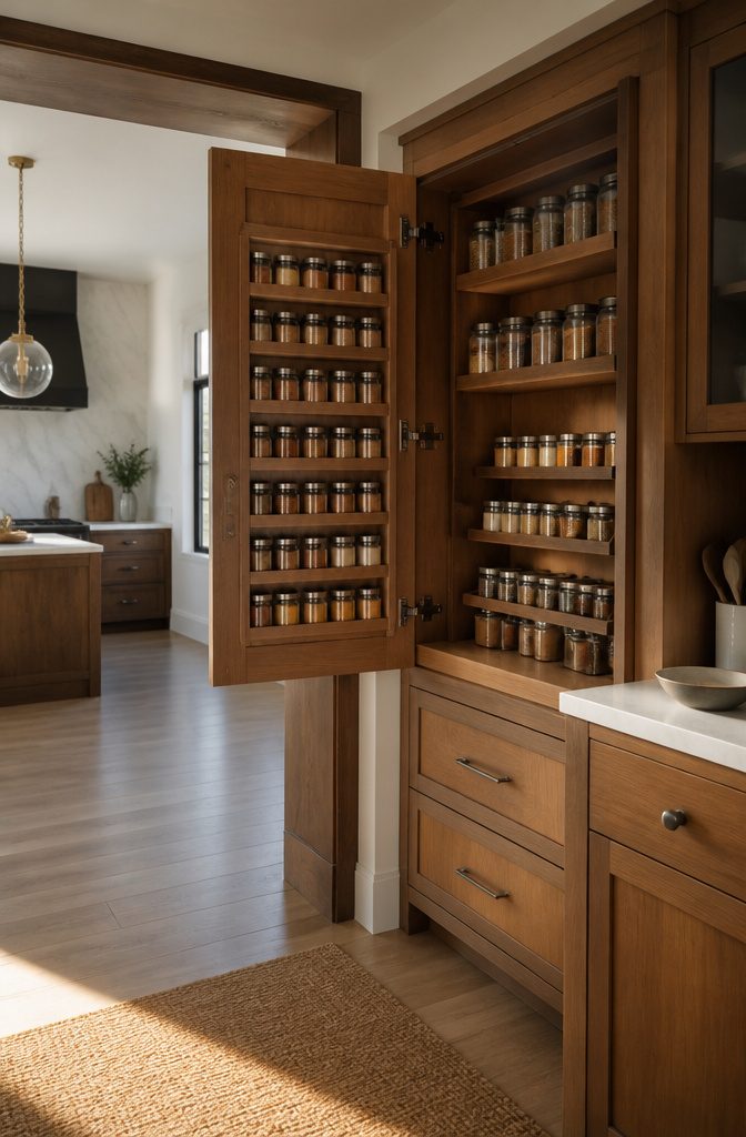 Door-mounted spice rack filled with jars inside a kitchen cabinet.