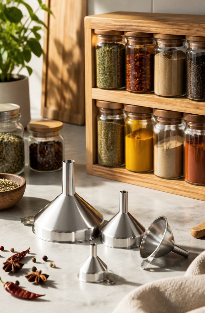 Set of stainless steel spice funnels arranged on a kitchen surface.