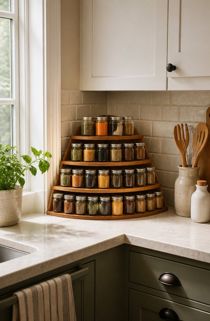 Tiered corner spice rack positioned between two kitchen countertops.