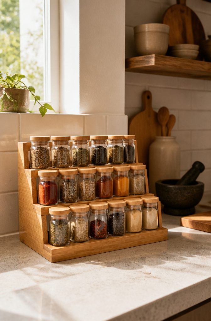 Tiered spice rack displaying jars of spices like paprika and oregano.