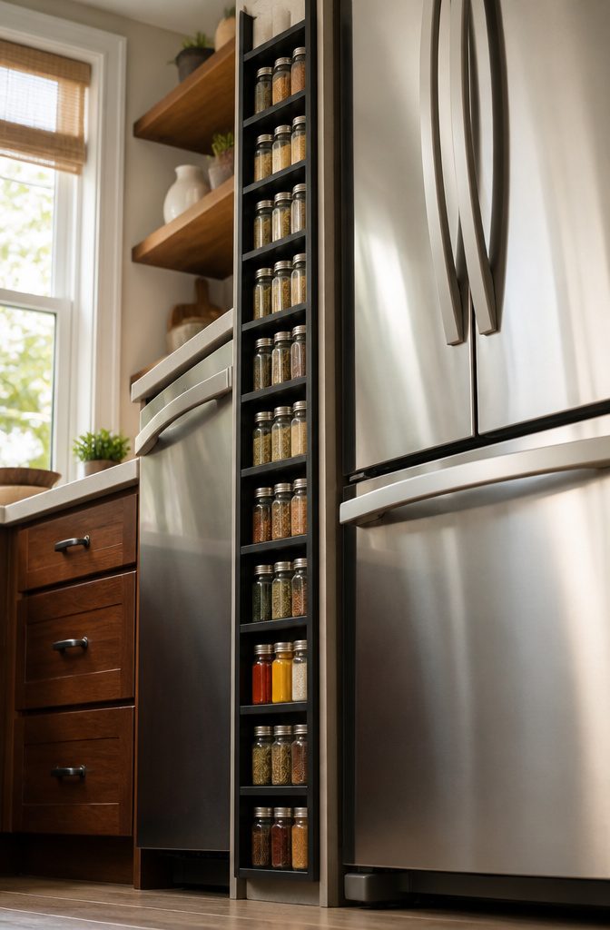 Vertical spice rack holding jars upright in a kitchen cabinet.