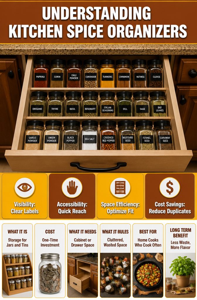 Graphic titled 'Understanding Kitchen Spice Organizers' with storage setups.