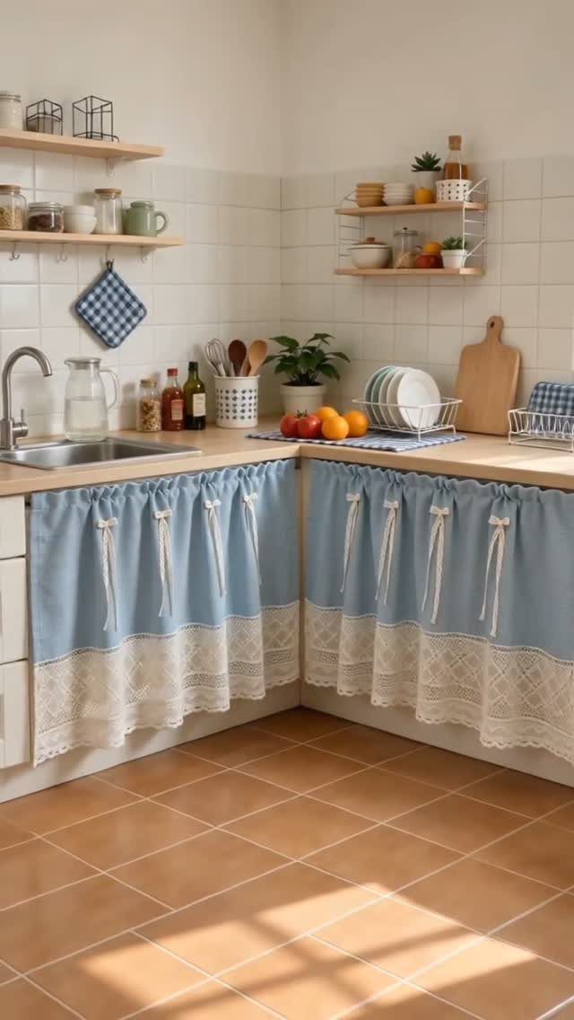 Light blue lace curtains hanging as decorative skirts over white kitchen cabinets.