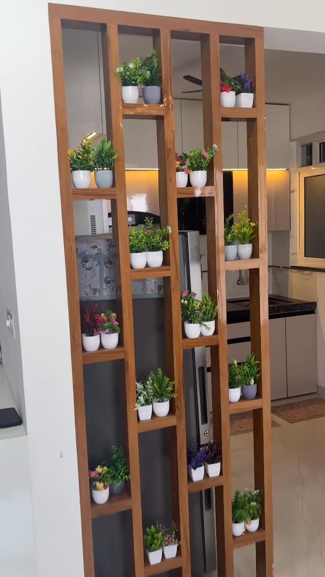 A wooden open-shelf partition decorated with small potted plants separating a room from a kitchen.