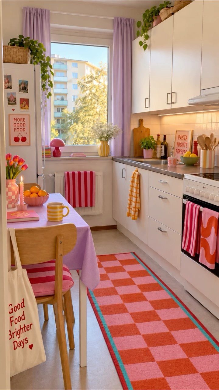 A bright kitchen with white cabinets, lavender curtains, and colorful pink and orange decor accents.