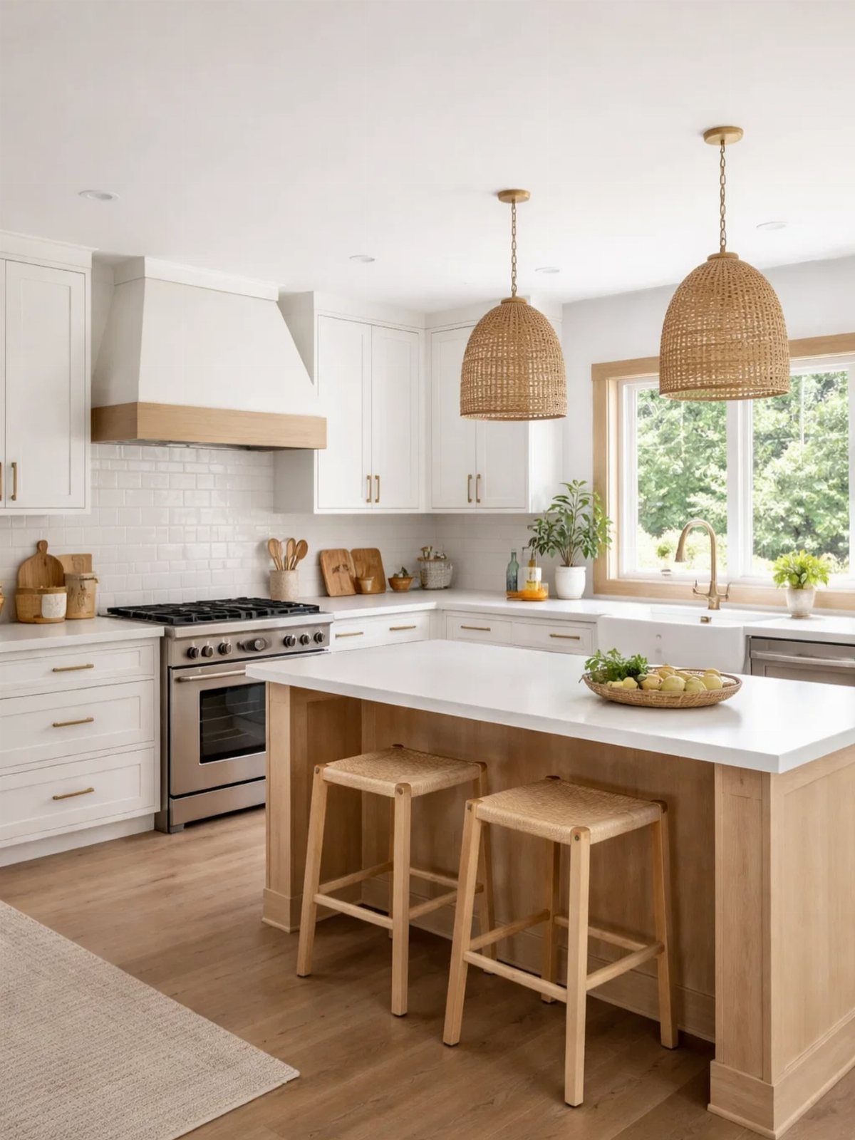 A bright modern kitchen with white cabinets, a wooden island, and a large window view.