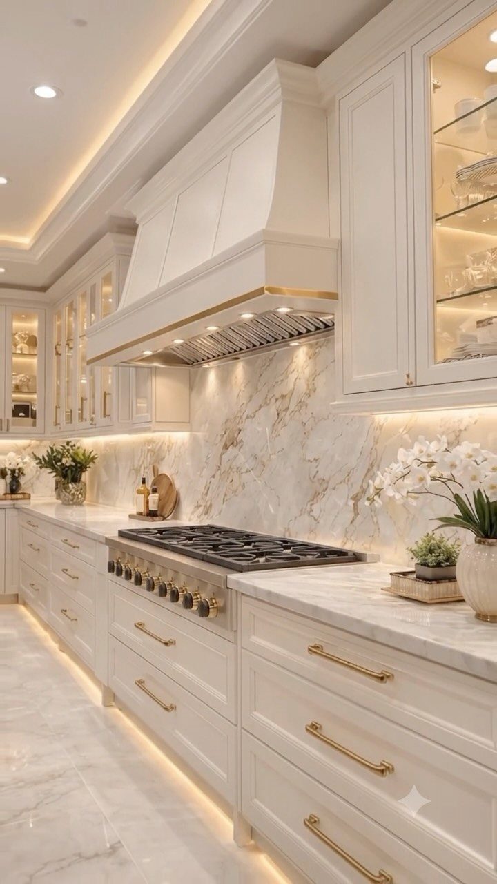 Luxury kitchen with white marble countertops, marble backsplash, and elegant white cabinetry with gold accents.