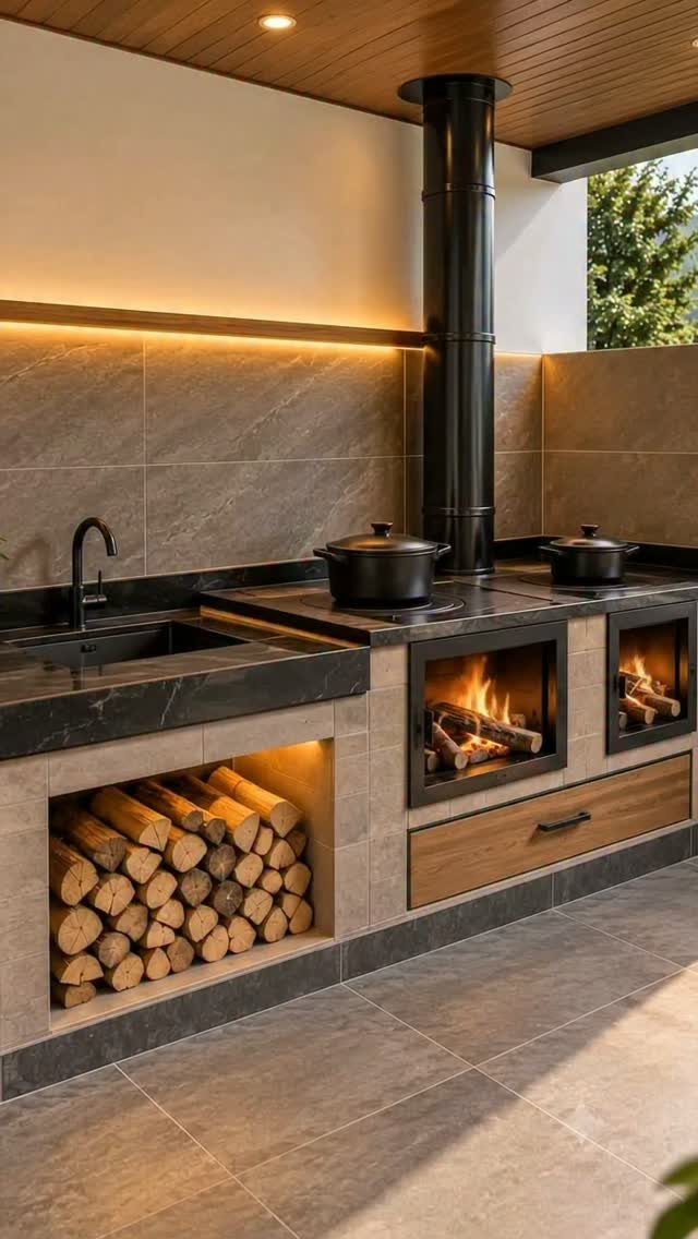 Outdoor kitchen with stone countertops, a built-in wood stove, and stacked firewood logs.