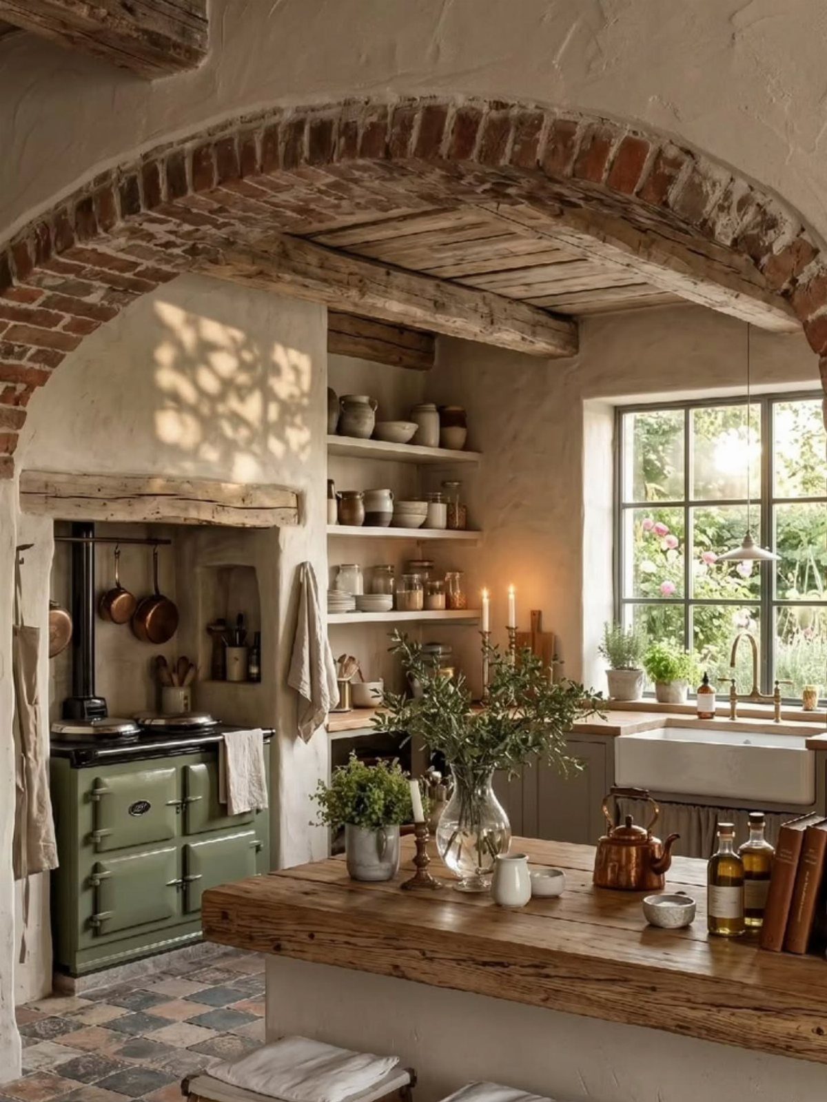 Rustic kitchen with brick arches, wooden beams, a large wooden island, and an apron front sink.