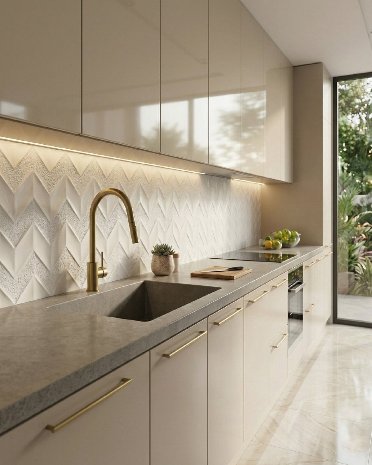Modern kitchen with cream cabinets, grey countertops, and a white geometric textured backsplash.