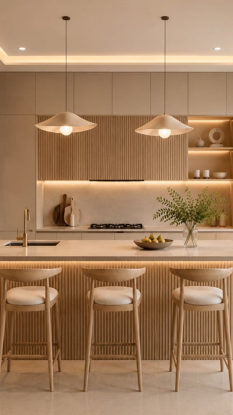 Modern kitchen with warm neutral tones, fluted wood accents, and beige cabinetry under soft pendant lighting.