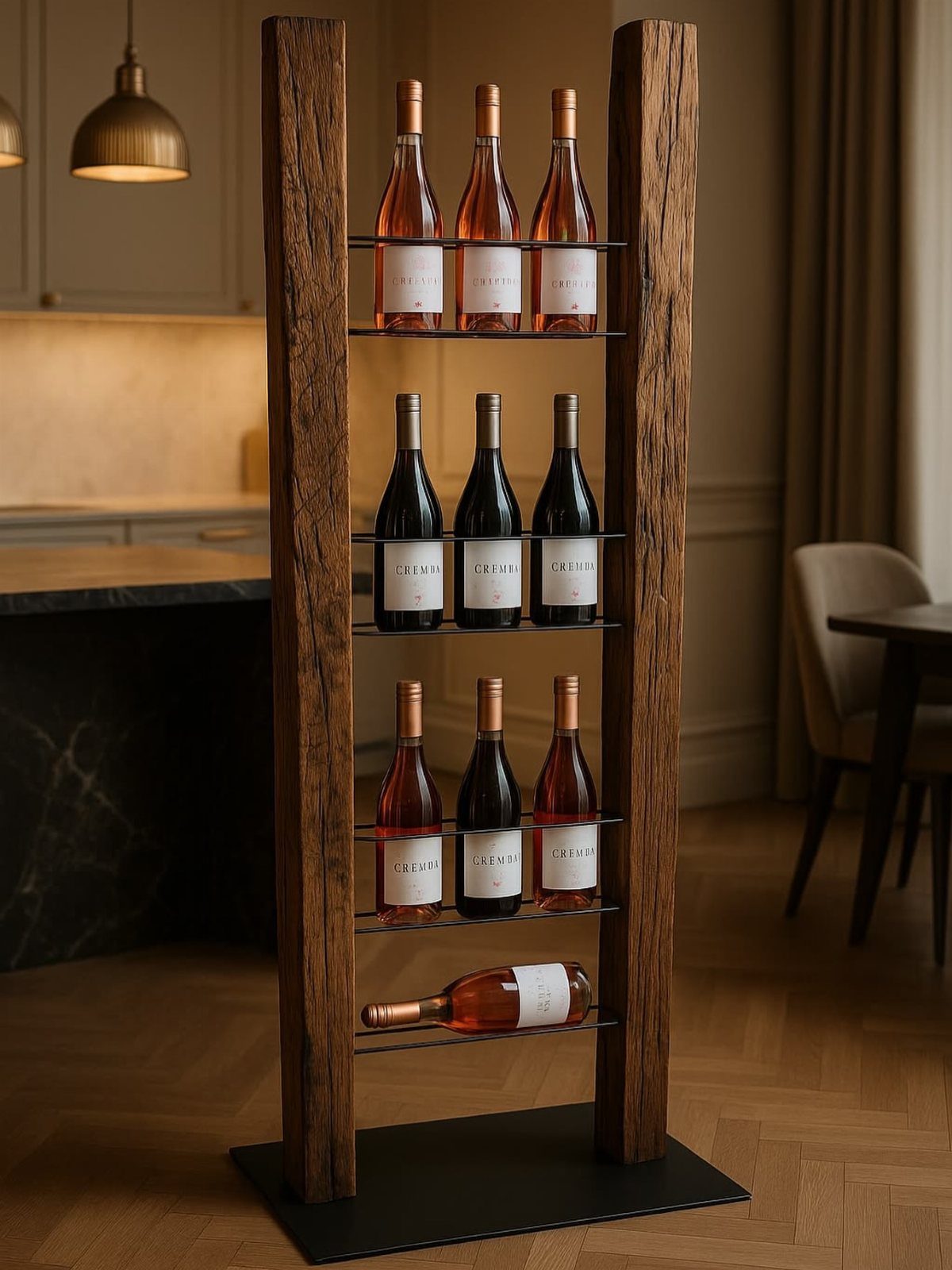 A rustic wooden wine rack holding various bottles of red and rosé wine in a kitchen.