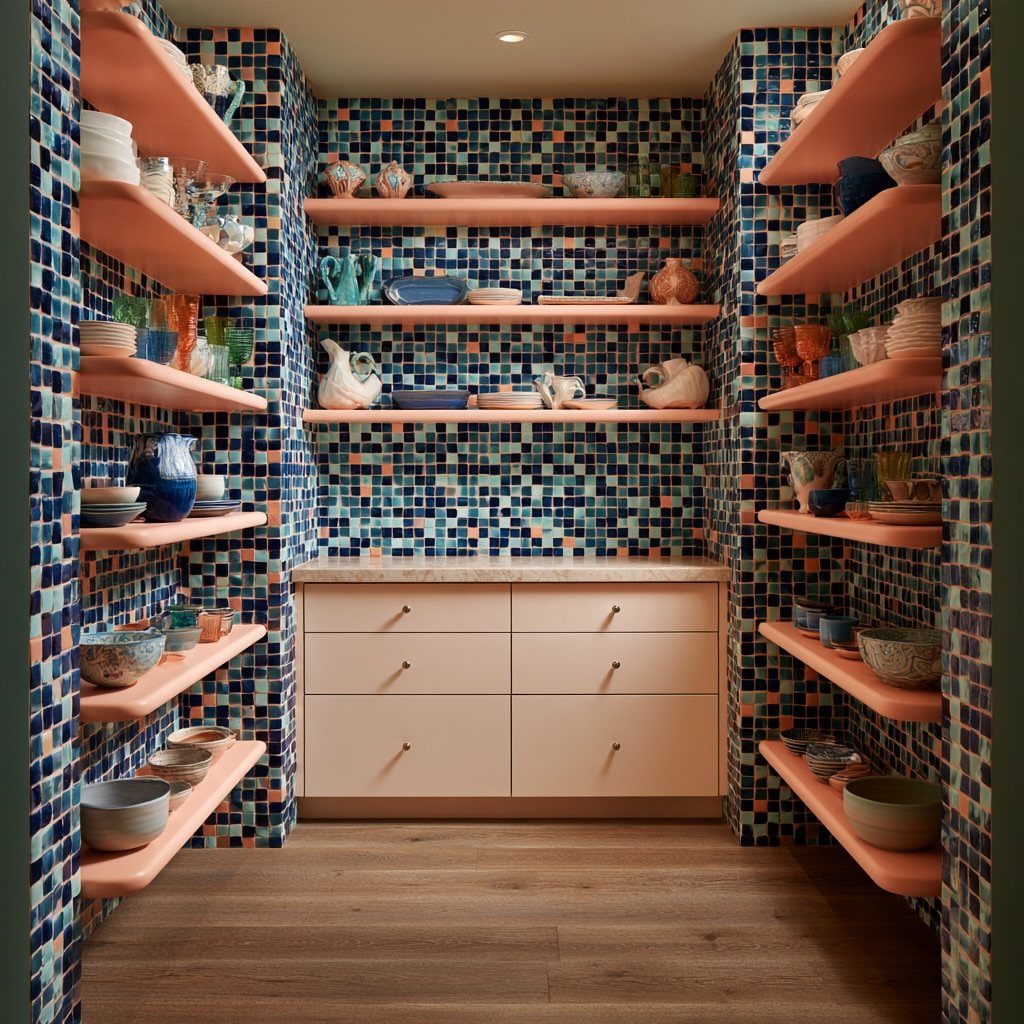 Peach open shelves filled with colorful ceramics against a blue mosaic tile wall.