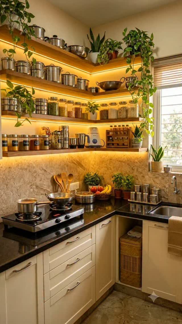 Wooden open kitchen shelves with warm lighting holding metal pots, glass jars, and green plants.
