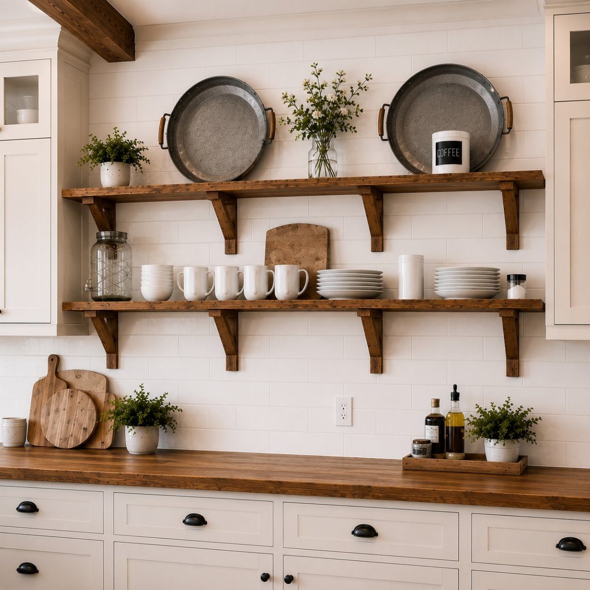 Two thick wooden floating shelves holding white dishes and plants against a white tiled wall.
