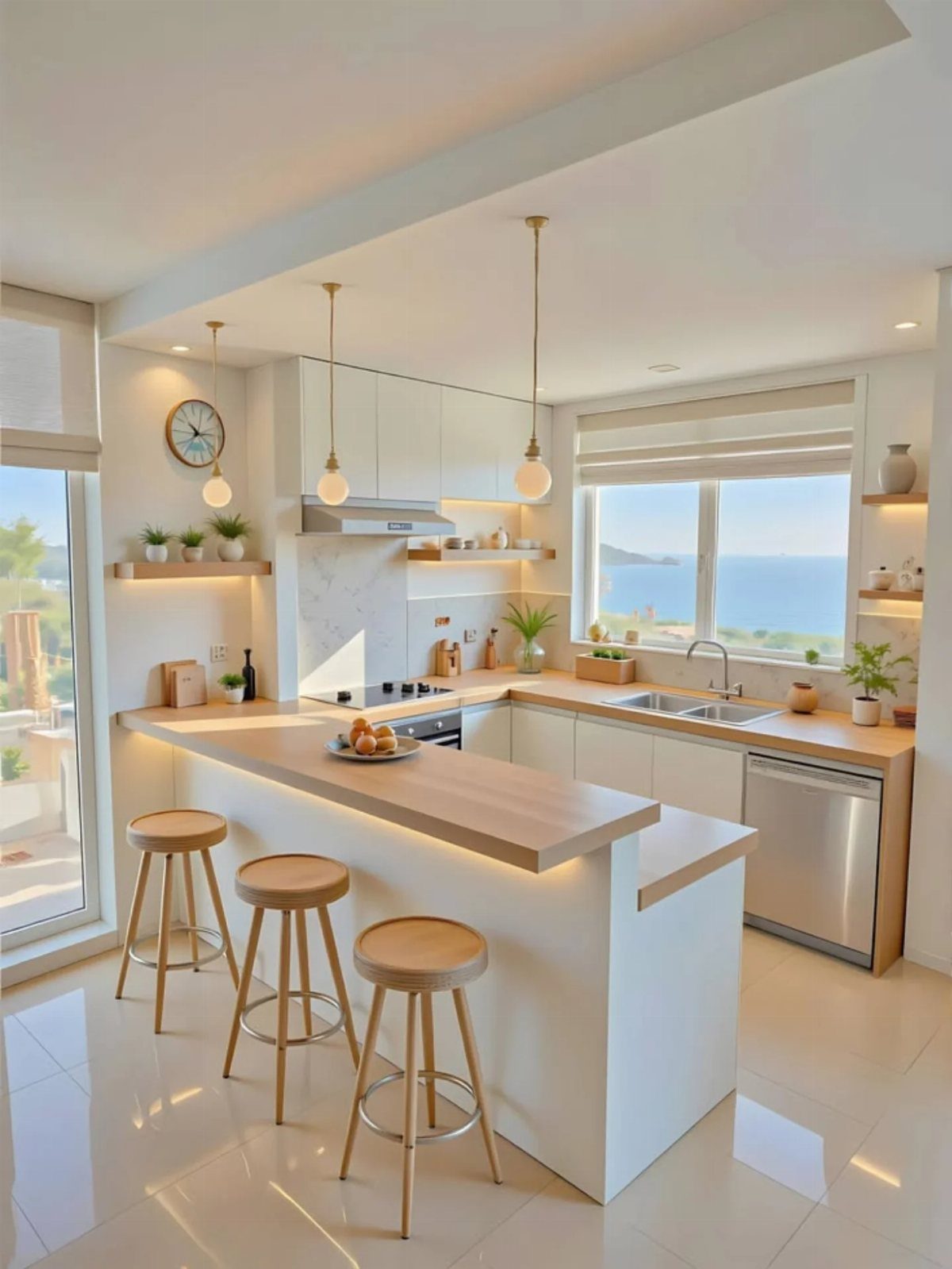 Modern kitchen with light wood countertops, white cabinets, open shelving, and ocean view windows.