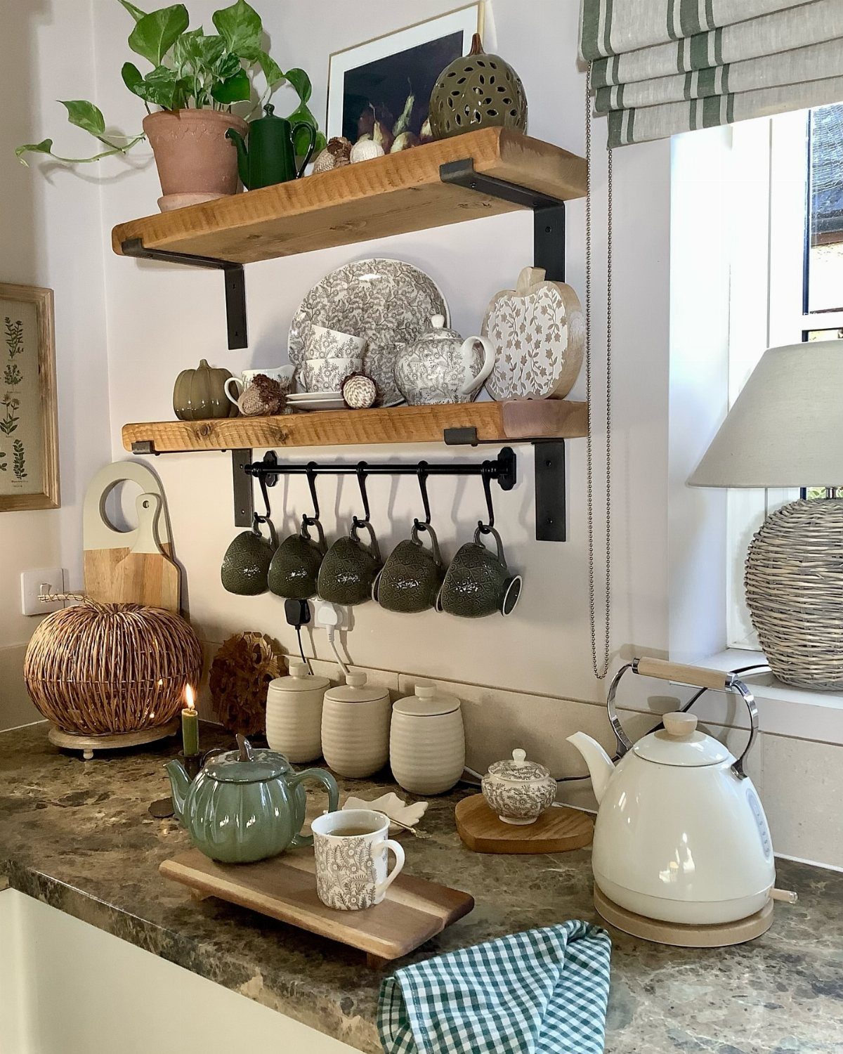 Wooden open shelves mounted on a white wall holding ceramic dishes and a potted plant.