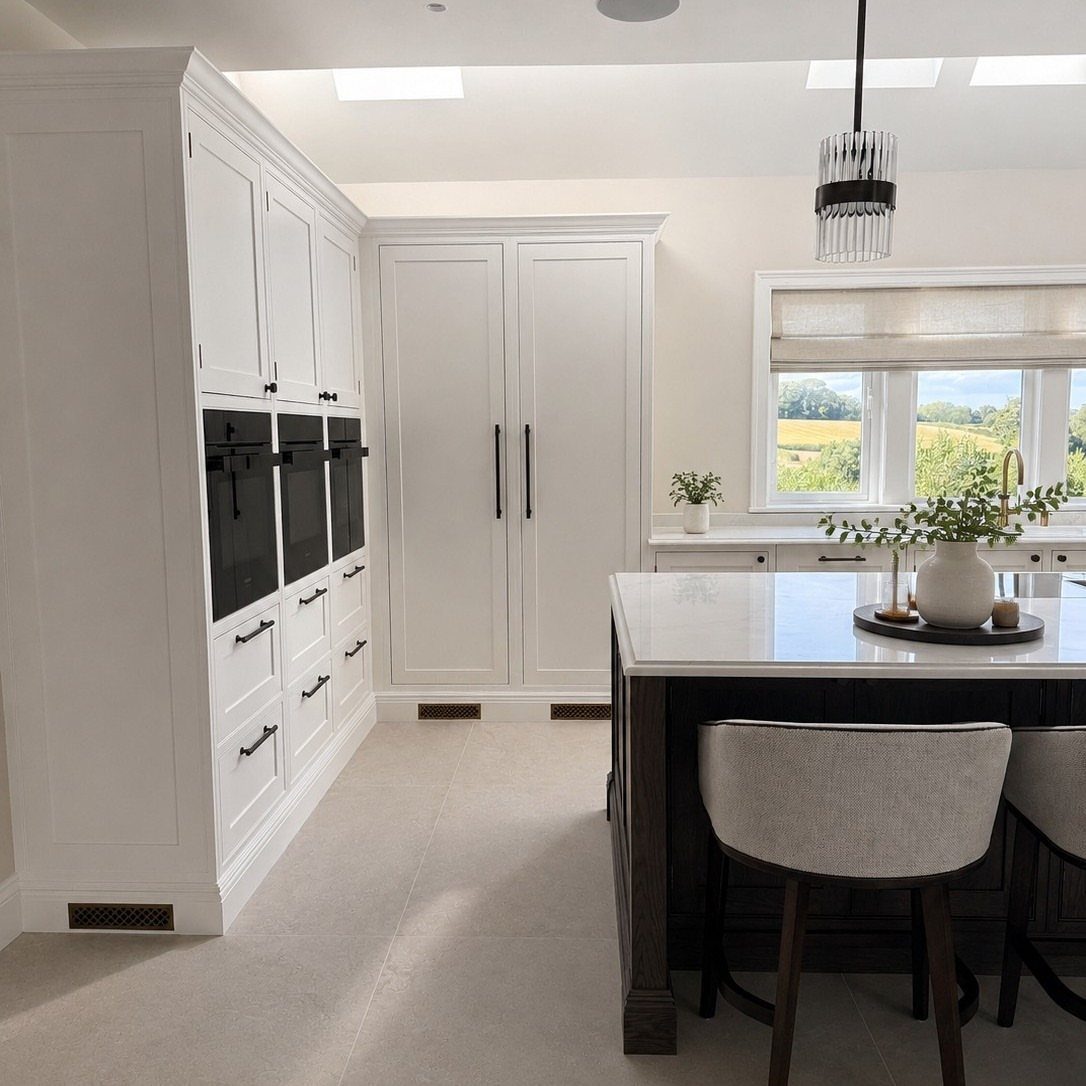 Modern kitchen with white cabinets, a dark wood island, marble countertop, and grey bar stools.