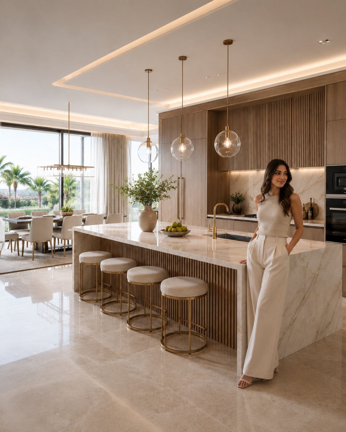 A large marble kitchen island with fluted wood detailing and four cream stools in a modern kitchen.