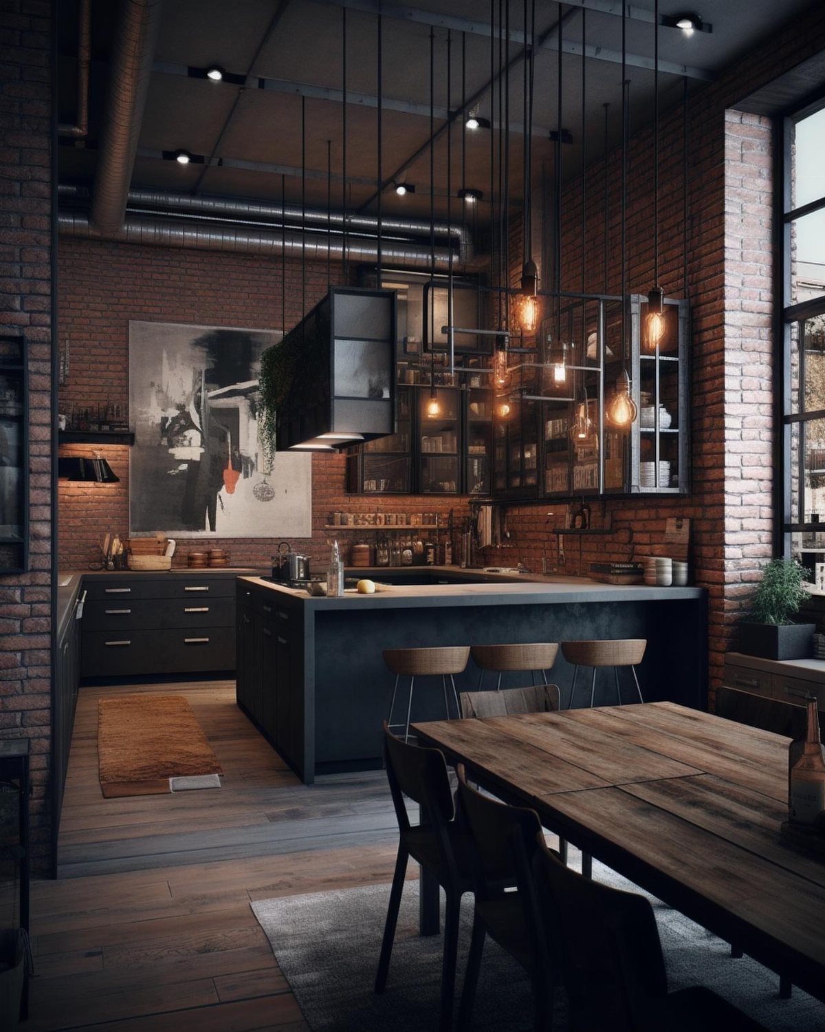 Modern industrial kitchen with brick walls, dark island, and hanging Edison bulb pendant lights.