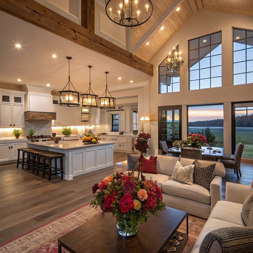 Spacious open concept L-shaped kitchen and living area with high ceilings and large windows.