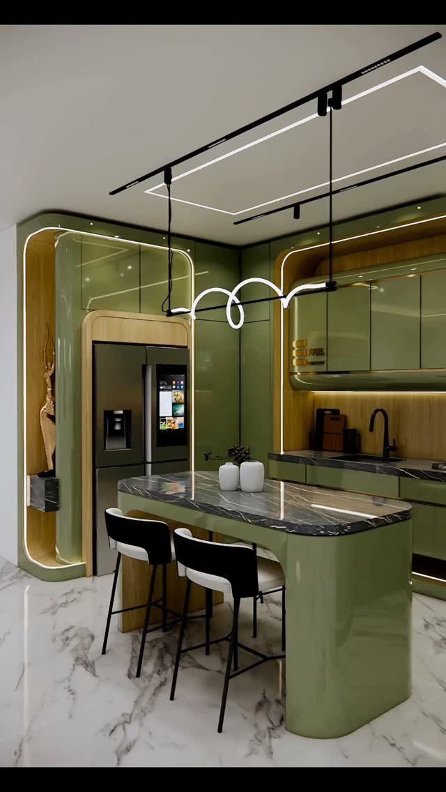 Modern green kitchen with a marble island and a smart refrigerator featuring a digital screen.
