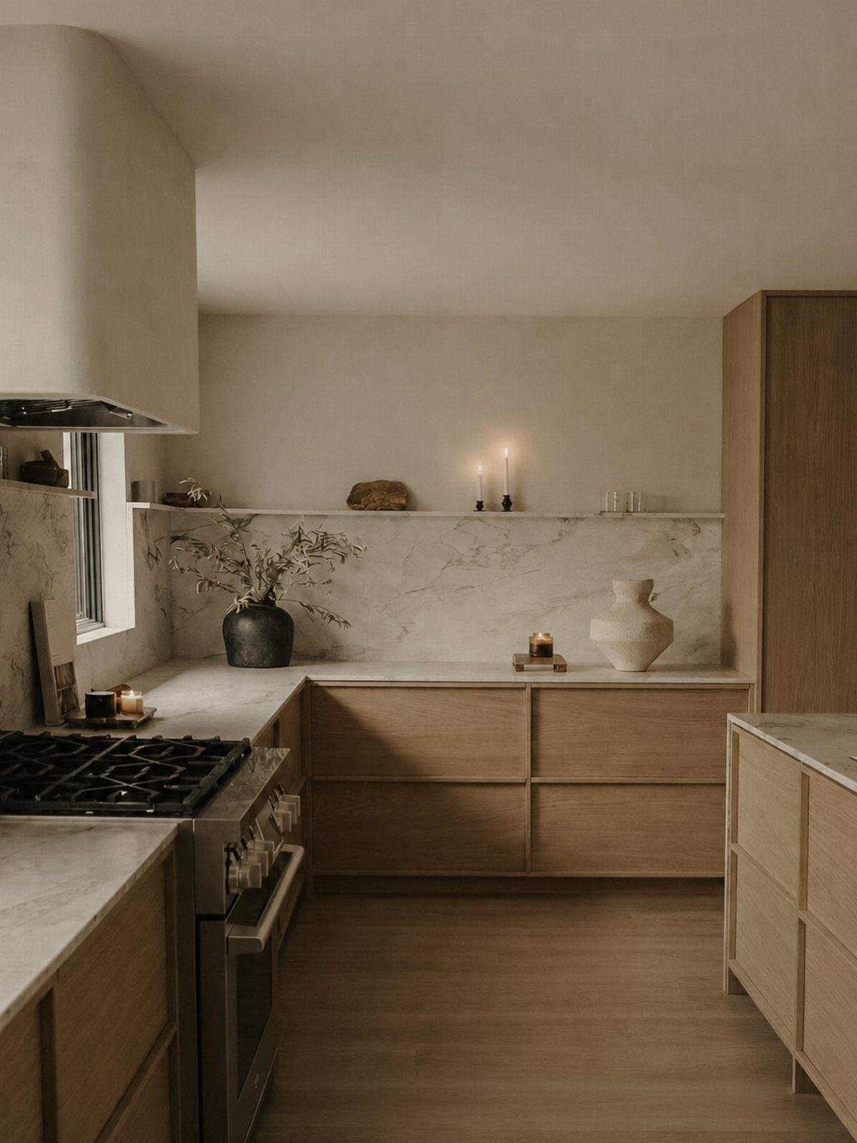 Light wood kitchen cabinets paired with white marble stone countertops and a matching backsplash.