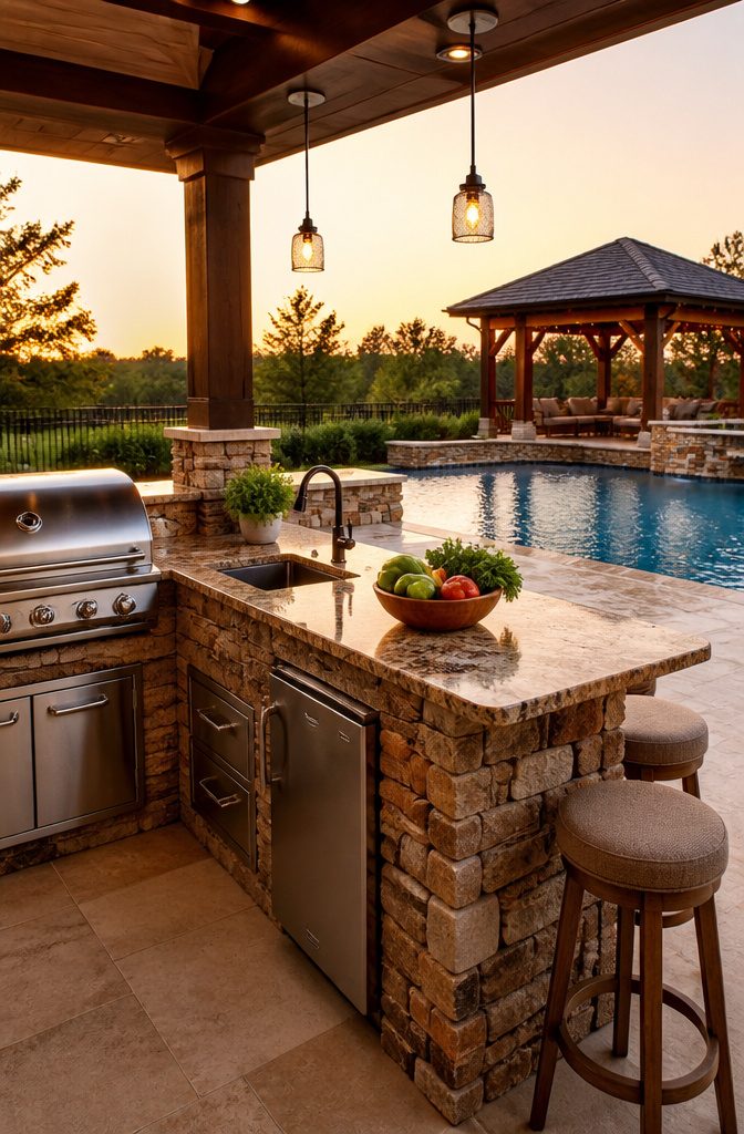Stone-clad outdoor kitchen adjacent to a luxurious pool.