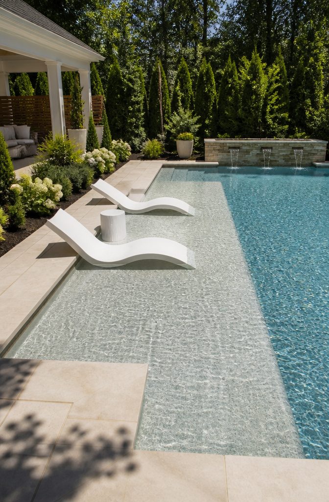 Shallow tanning ledge extending from the edge of a luxurious pool.