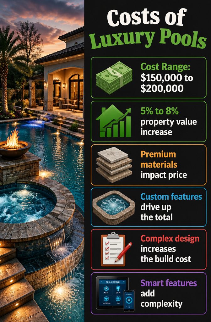 Infographic showing costs associated with luxury pool designs.