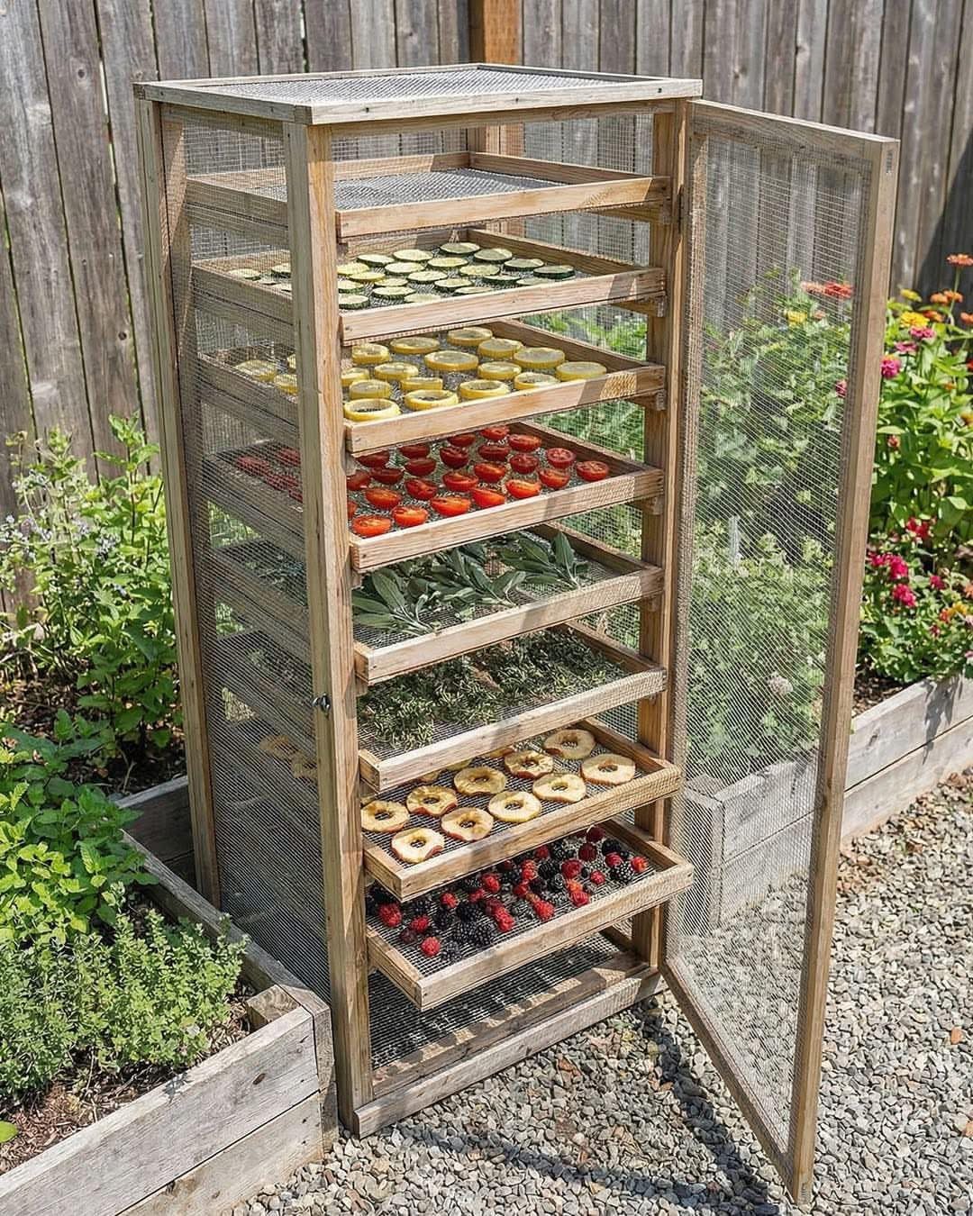 A wooden multi-tiered mesh drying cabinet filled with various fruits and herbs in a garden.