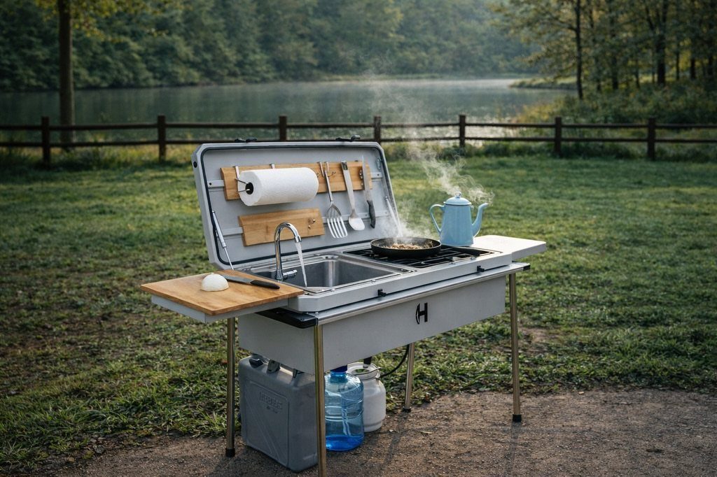 Portable outdoor kitchen station with a sink and stove set on grass near a lake.