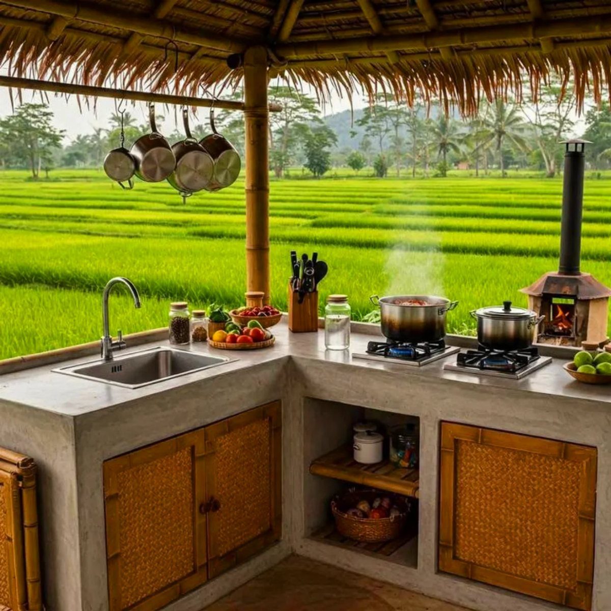 An outdoor kitchen with a concrete countertop and bamboo cabinets overlooking lush green rice fields.