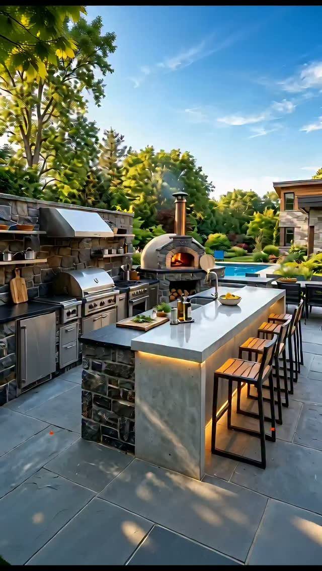 A modern outdoor kitchen with stone counters, stainless steel appliances, and a pizza oven on a patio.