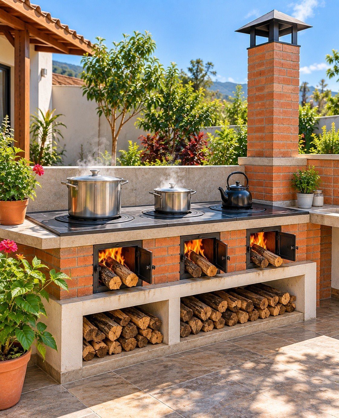 Stainless steel cooking pots and a black kettle sit on a cooktop above brick wood-fired ovens.