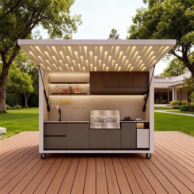 A white mobile outdoor kitchen unit with a grill and lights on a wooden deck.