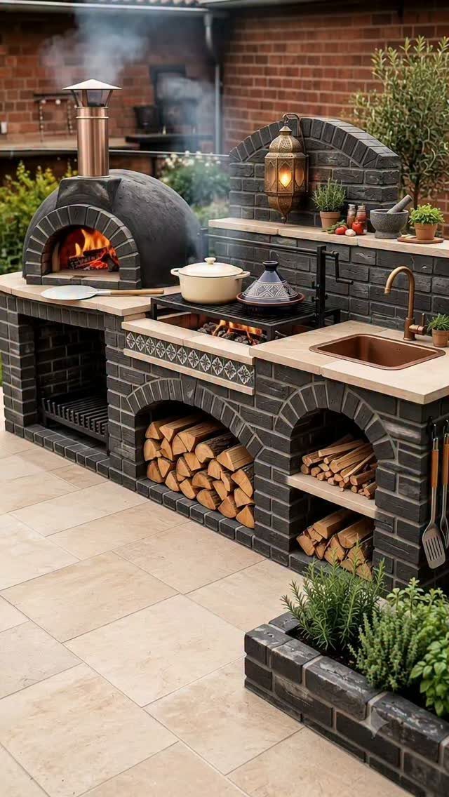 A dark brick outdoor kitchen featuring a wood-fired pizza oven and built-in grill with firewood storage.