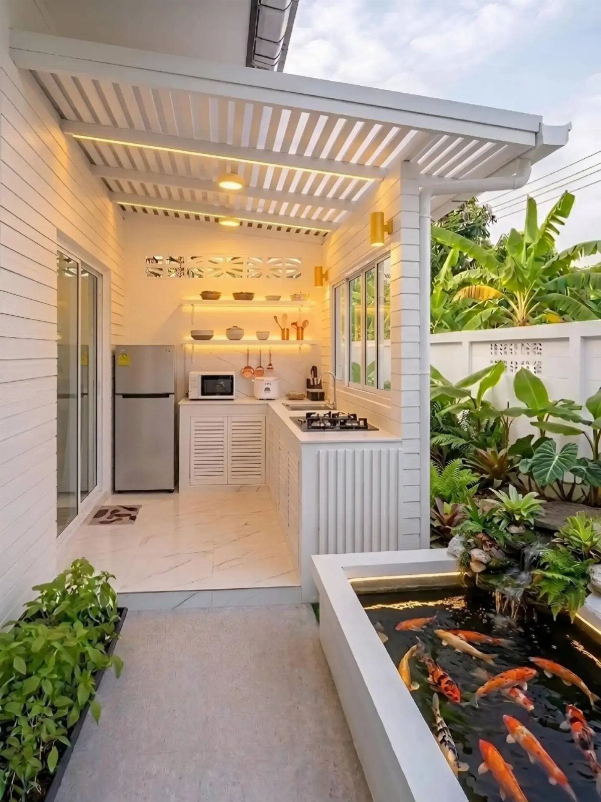 A compact white outdoor kitchen with open shelving and a built-in stove next to a koi pond.