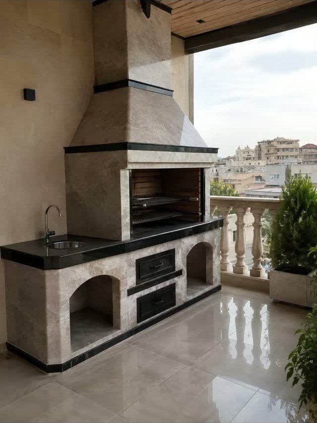 A built-in stone outdoor barbecue station with a sink and grill on a balcony.