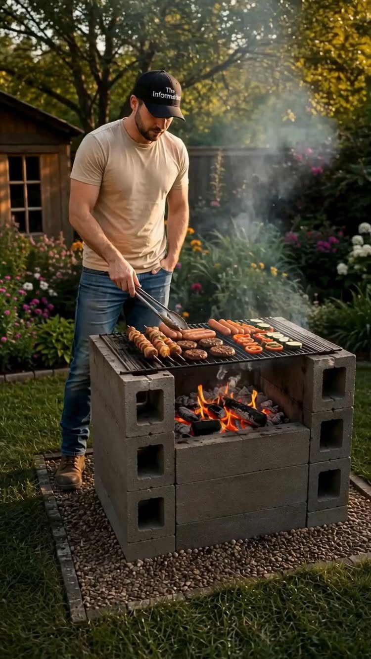 A man grilling sausages and burgers on a cinder block barbecue in a lush garden.