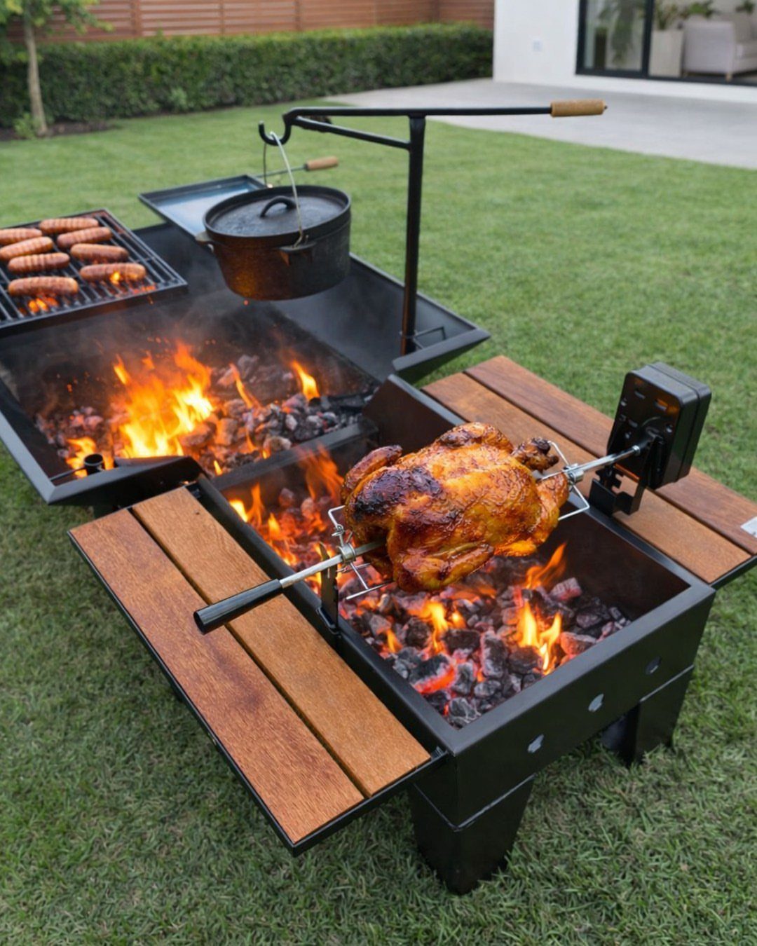 A whole chicken rotates on a spit over glowing coals in a black metal outdoor grill.