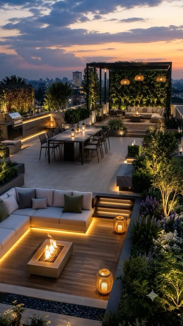 A luxury rooftop terrace featuring a fire pit, dining area, and outdoor kitchen at sunset.