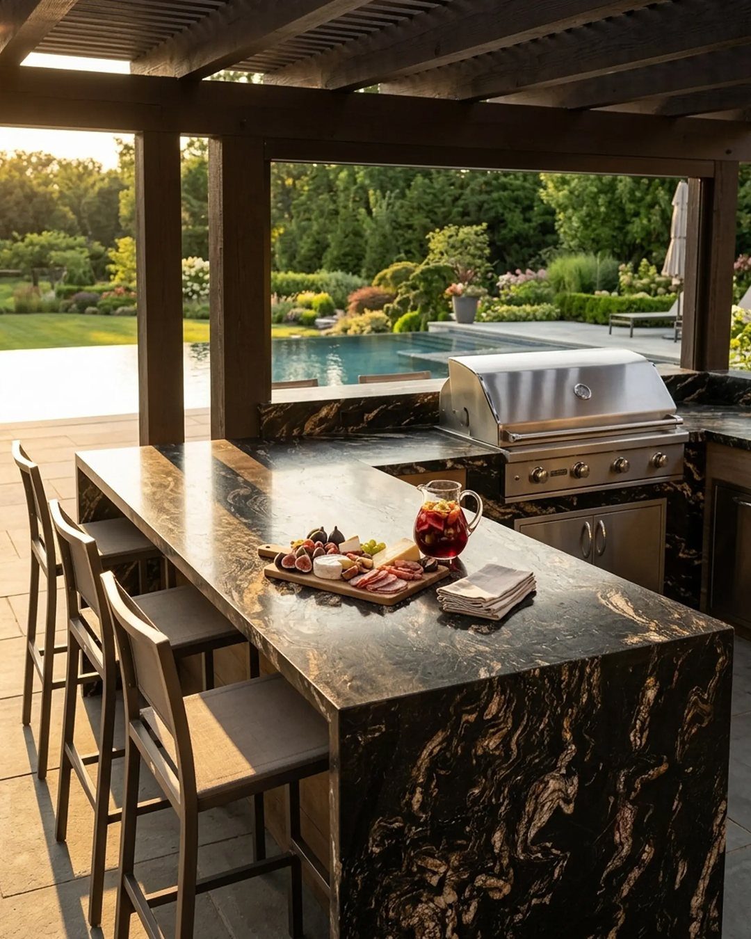 Polished dark granite countertop with gold veining in an outdoor kitchen setting by a pool.