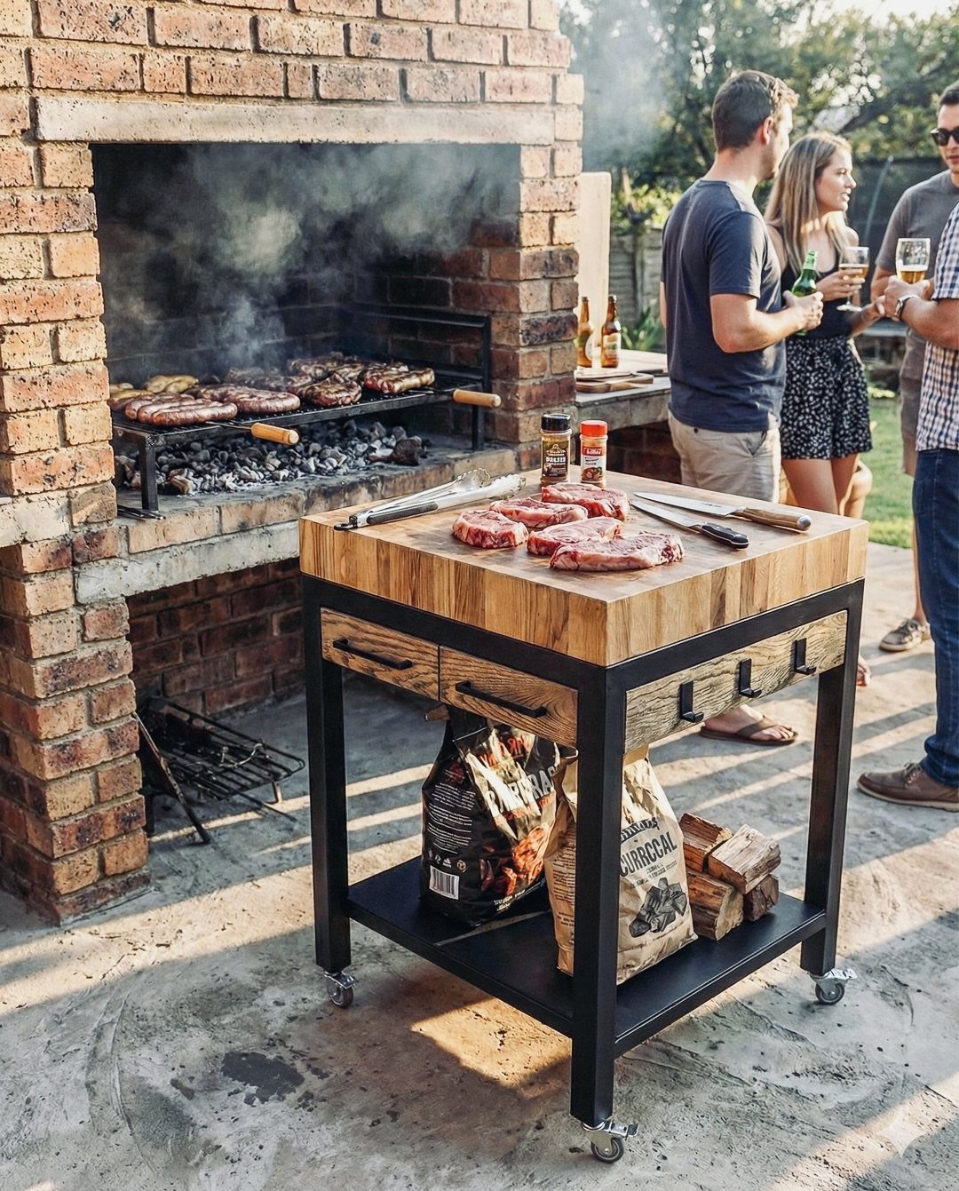 A thick wooden butcher block countertop on a black metal cart with raw meat.